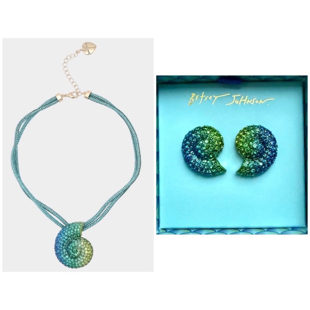 BETSEY JOHNSON SET Mermaid Jewel Shell Ombré Crystal Necklace & Earrings NEW NWT